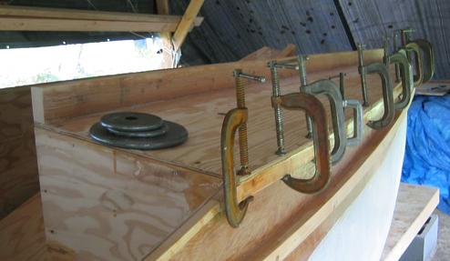 Starboard cabin top panel assembly is epoxied in place