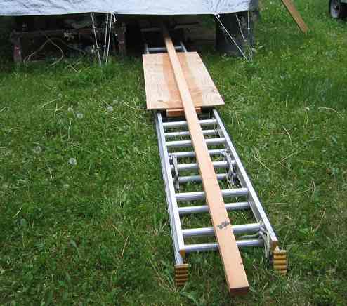 Ladder used as feed table for lumber heading to the table saw