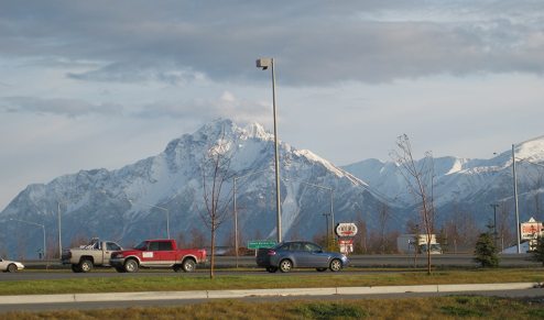 Chugach Range rising behind Wasilla, AK