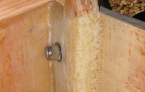 View from the transom well of the nut tightened on the massive bolt through the transom