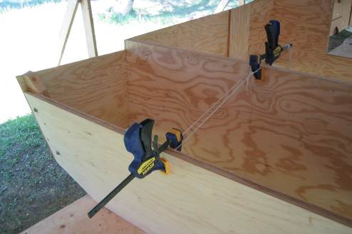 Transom set to the same angle of the sides using two clamps and a  rope